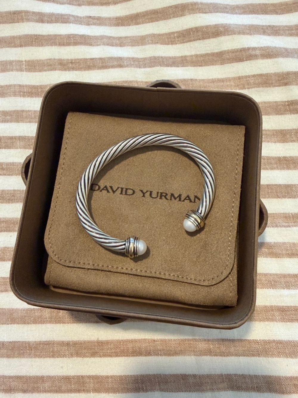 David Yurman Sterling Silver Classic Cable Cuff with Pearls and 14k gold, 7mm - Picture 1 of 7